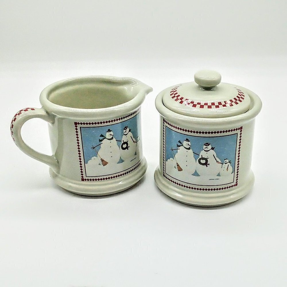 Vintage Warren Kimble Snowman Ceramic Covered Sugar & Creamer
